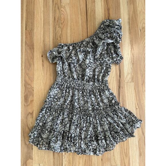 Misa One Shoulder Ruffle Mini Dress Floral Black Ivory Size Medium Josefine - Picture 2 of 10